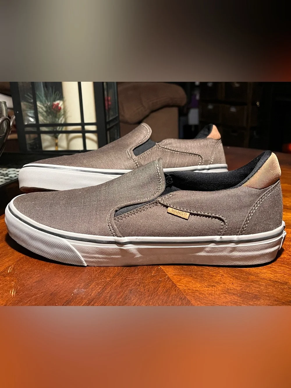 Vans Asher Deluxe Confort Slip-On Canvas Sneakers - Walnut with White Sole